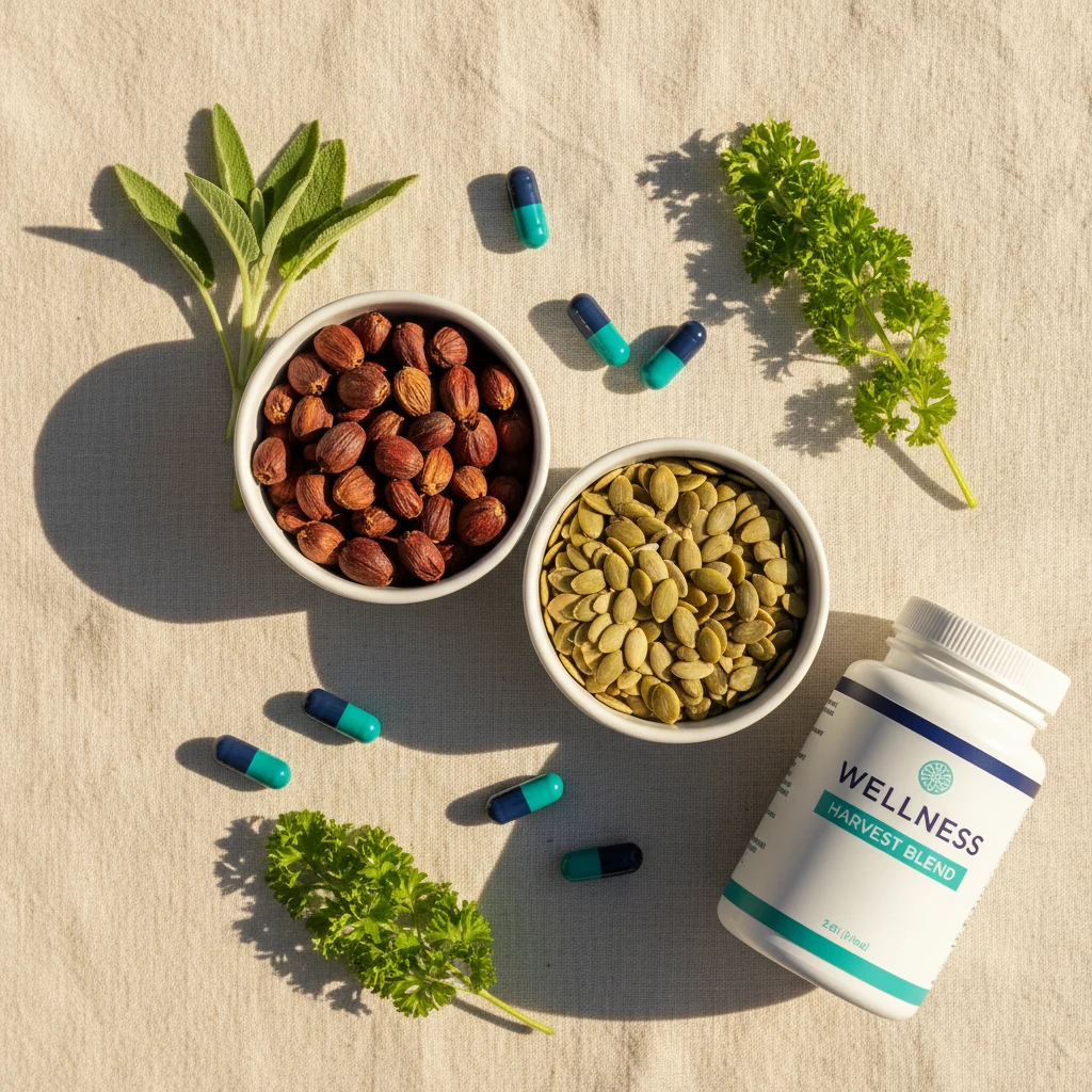 Saw palmetto berries, pumpkin seeds, and plant botanicals - plant-based men's health supplement ingredients