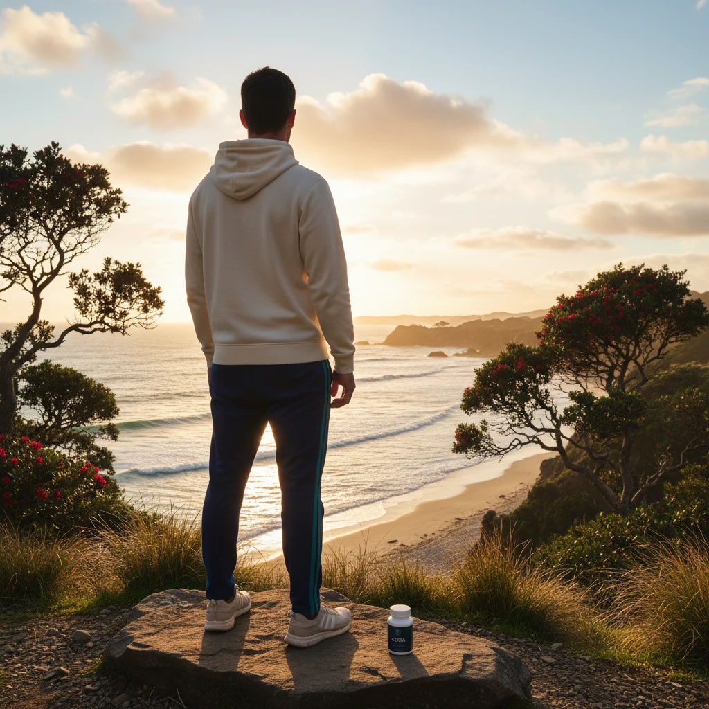 Man looking out over a New Zealand coastal landscape at sunrise - active wellness lifestyle