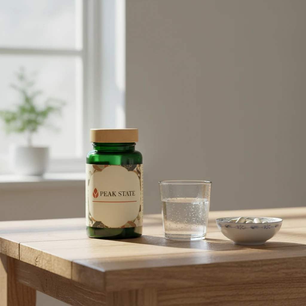 Peak State supplement bottle on a wooden tray with a glass of water and green leaves - men's daily wellness capsules New Zealand